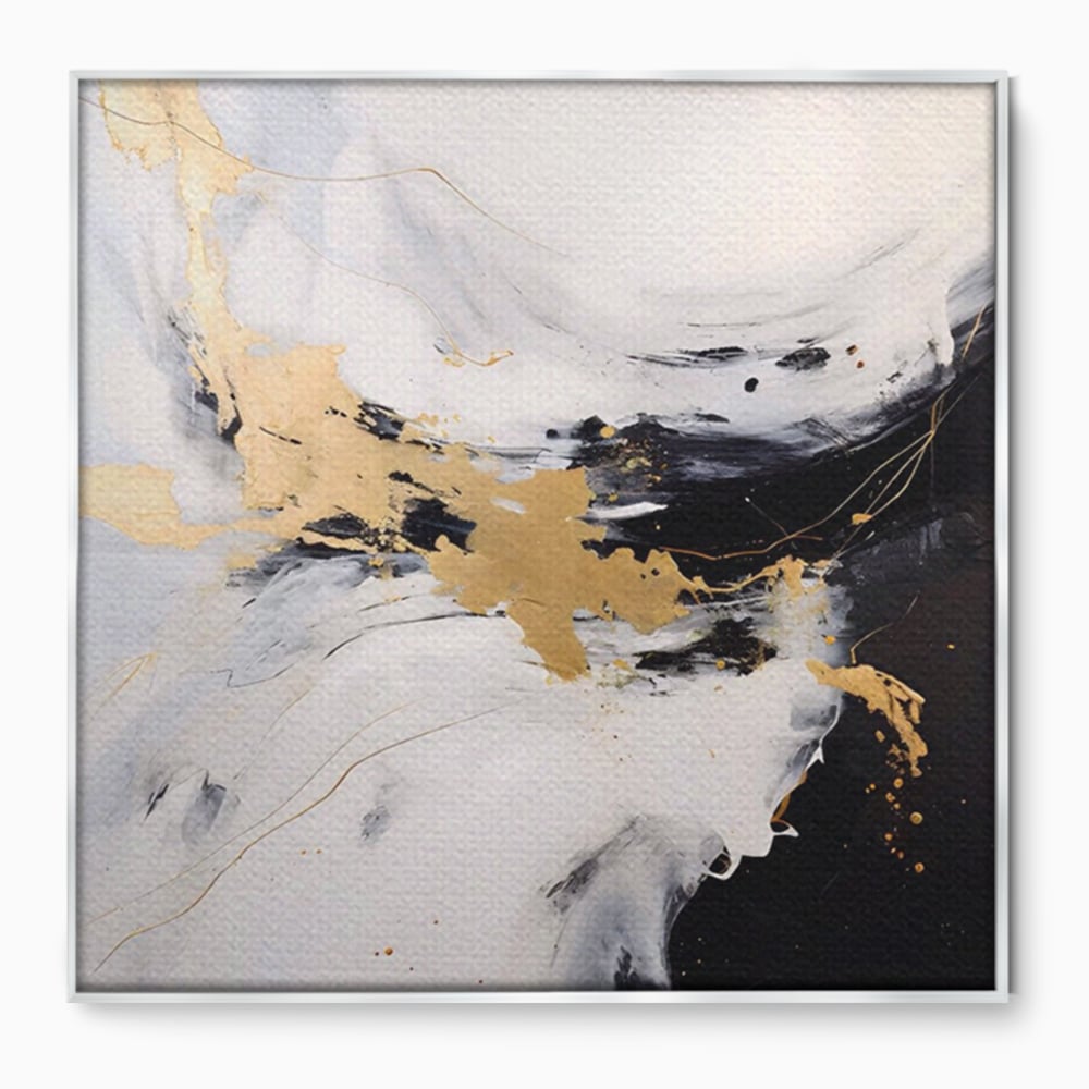Tablou canvas cu tablou abstract cu insertii aurii, in rama de aluminiu argintiu